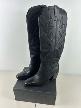 Isnom Black Women's Embroidered Knee-High Western Boots Size 8.5